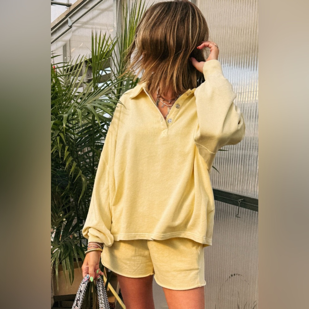 Amanda - Butter Yellow Long Sleeve Button-Up Top and Shorts Set - Picture 2 of 2